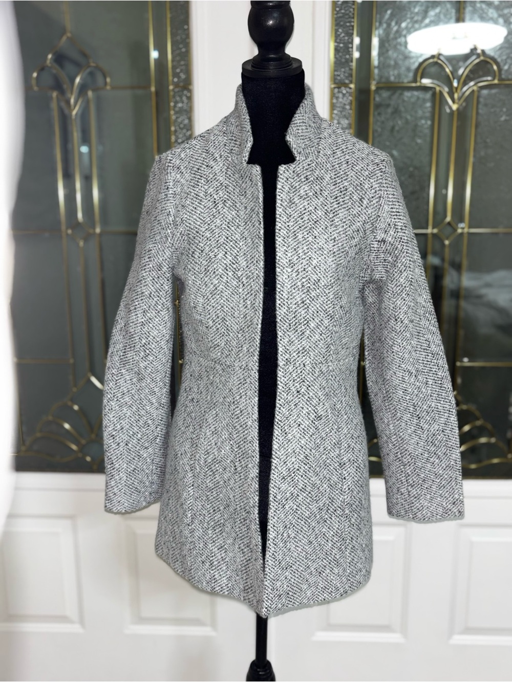 Gray Herringbone Collarless Pea Coat